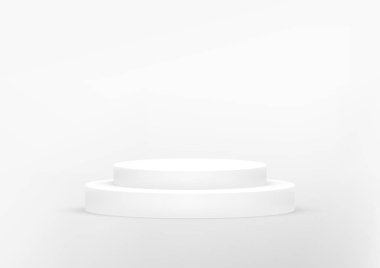 Fotokopi alanı olan ürün sergisi için boş podyum beyaz arka plan. Showroom çekimi. Ürün tanıtımı için afiş arkaplanı.