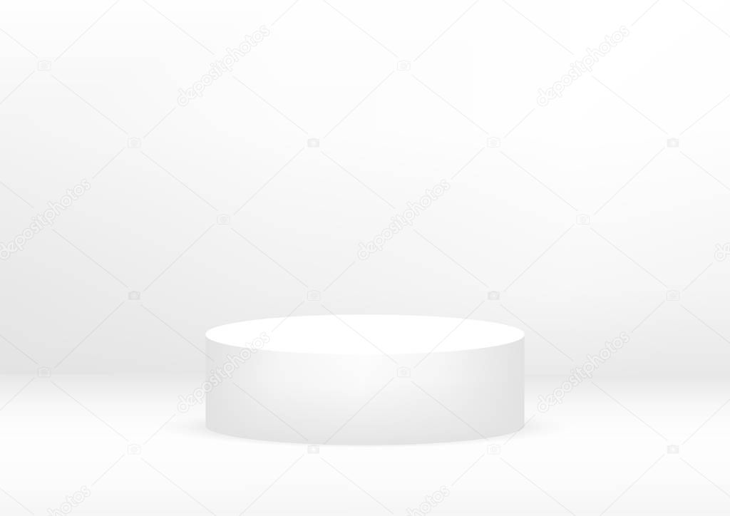 Empty podium studio white background for product display with copy space. Showroom shoot render. Banner background for advertise product.