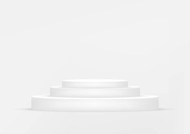 Fotokopi alanı olan ürün sergisi için boş podyum beyaz arka plan. Showroom çekimi. Ürün tanıtımı için afiş arkaplanı.