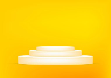 Fotokopi alanı olan ürün sergisi için boş podyum sarı arka plan. Showroom çekimi. Ürün tanıtımı için afiş arkaplanı.