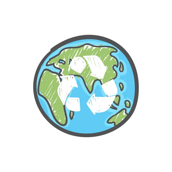 Globo Terrestre Con Simbolo Riciclo Disegnato Mano Concetto Mondiale Riduzione — Vettoriale Stock