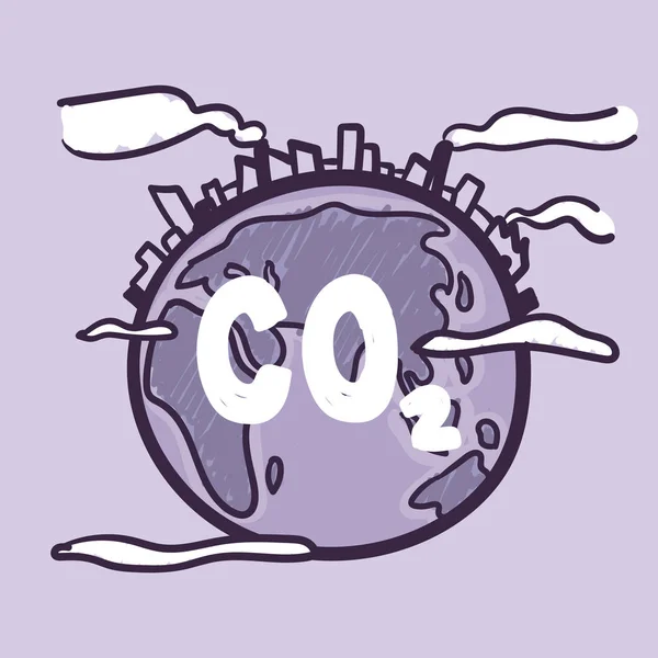 気候変動又は地球温暖化の下で苦しんでいる地球の地球は 二酸化炭素 手描きのドア漫画 — ストックベクタ