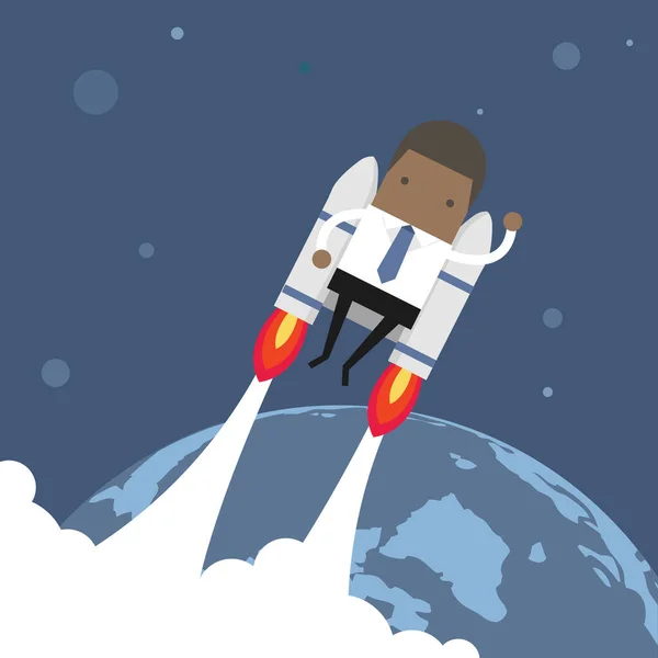 Hombre Negocios Africano Volador Con Jetpack — Vector de stock