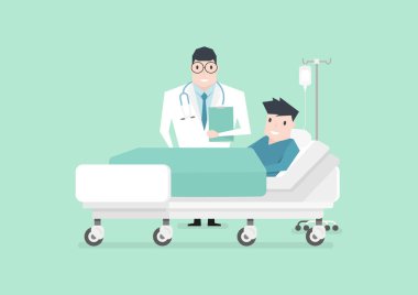 Doktor koğuştaki erkek hastayı ziyaret ediyor. Tıbbi konsept.