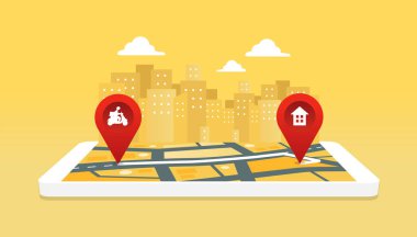 Mobil uygulamadan yiyecek teslimatı için motosikletin güzergahı. Yemek dağıtım servisi..