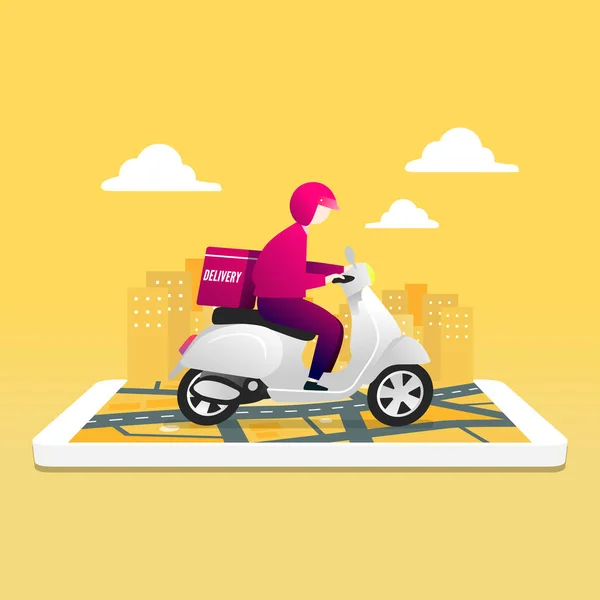 Service Livraison Nourriture Par Scooter Avec Courrier Homme Courier Équitation — Image vectorielle