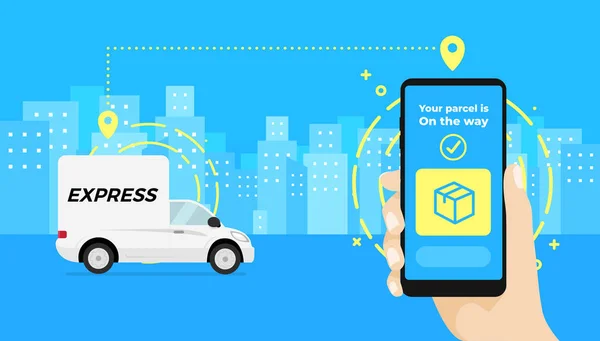 Snabb Leverans Service App Smartphone Hand Hålla Smartphone Och Kontrollera — Stock vektor