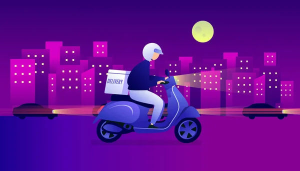 Servicio Reparto Comida Nocturna Scooter Con Courier Hombre Mensajero Montar — Archivo Imágenes Vectoriales