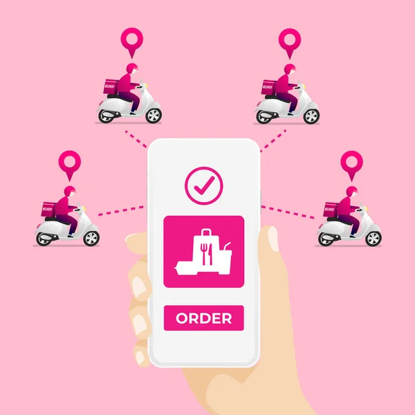 Servicio Reparto Comida Por Scooter Con Courier Aplicación Servicio Entrega — Archivo Imágenes Vectoriales