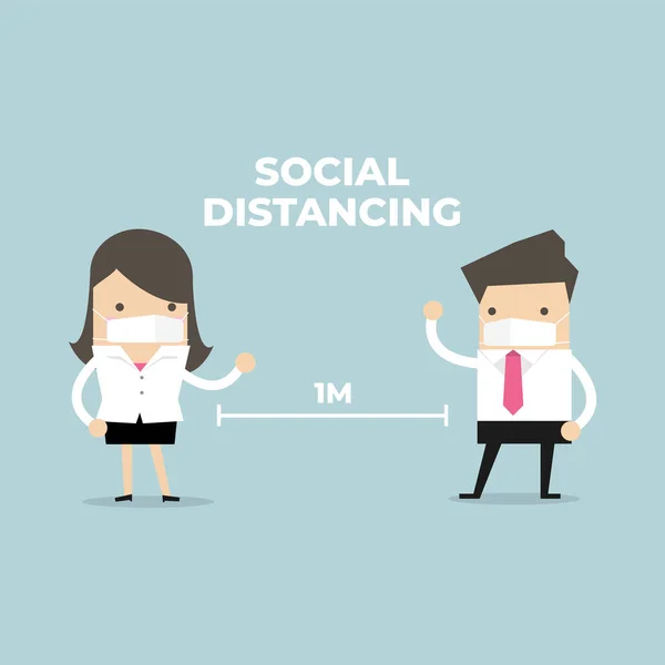 ビジネスマンとビジネスマンはウイルス病原体との会合で距離を保つ 社会的距離概念 — ストックベクタ