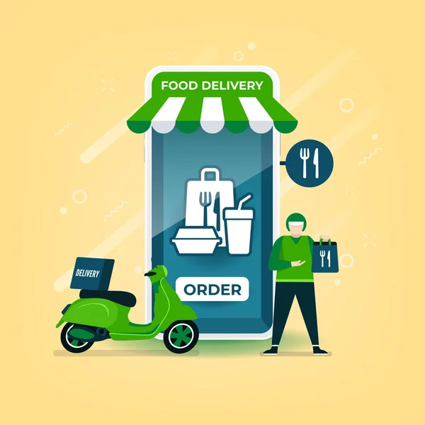 Delivery Man Holds Food Bag Standing Motorcycle Food Delivery Online — Stock Vector
