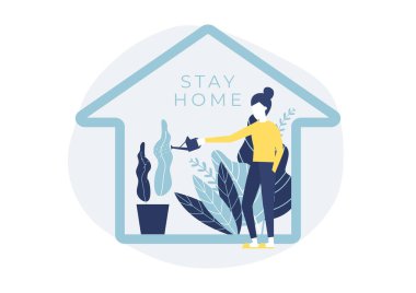 Woman watering house plants. Stay home, stay safe. Stop coronavirus COVID-19. clipart