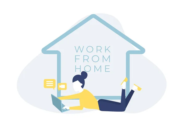 Woman Lying Works Laptop Home Work Home Concept — Stock Vector
