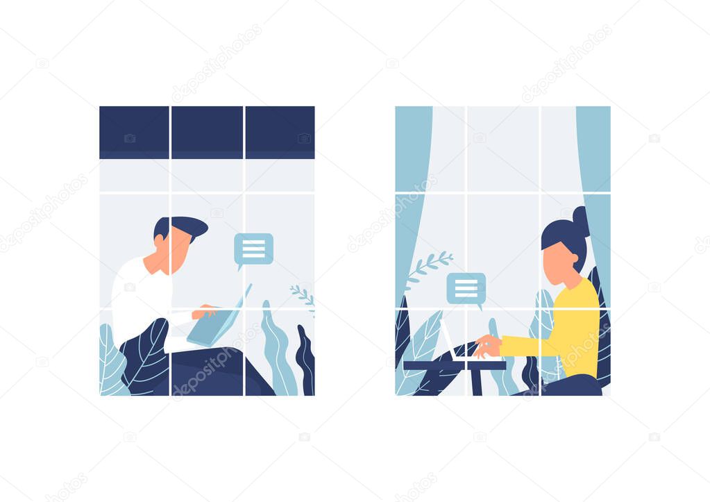 People in windows staying home due to quarantine. Man and women sitting and working beside the window. Work from home concept.