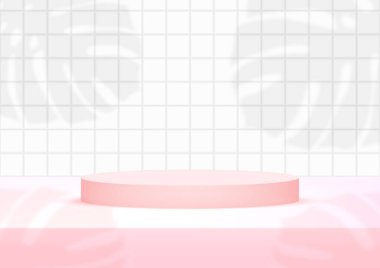 Ürün sergisi için Monstera Leaf gölgesiyle birlikte boş podyum stüdyosu, pembe ve beyaz fayanslar. Showroom çekimi. Ürün tanıtımı için afiş arkaplanı.