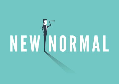 Yeni Normal metnin üzerinde duran ve elinde dürbün taşıyan bir iş adamı. İş görüşü yeni normal kavram.