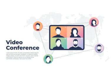 Dünya çapında video konferans konsepti. Video konferans ve çevrimiçi toplantı afişi.
