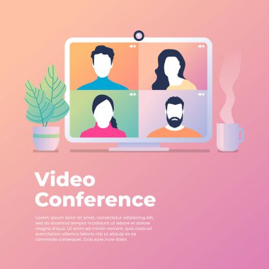 Meslektaşlar bilgisayar ekranında birbirleriyle konuşurlar. Konferans videosu, evden çalışıyor..
