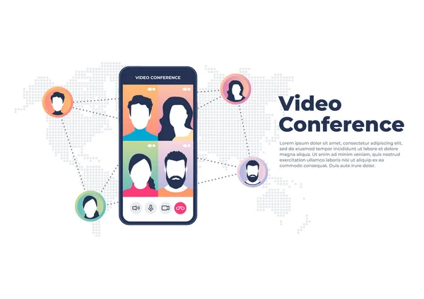 Weltweite Videokonferenz Zum Mobilen Konzept Videokonferenzen Und Online Banner Für — Stockvektor