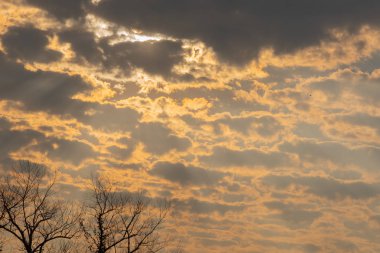 Brezilya 'nın güneyinde bir sonbahar öğleden sonrası, bulutların varlığı ve gölgelerin renkleri ve zıtlıkları ile Poente Sun' ın yoğun portakalı. Sonbahar ve soğuk bir günün alacakaranlığında manzara.