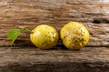 Tahta arka planda izole edilmiş sarımsı pembe guava meyveleri. Tüketim için toplanmış yeşil yapraklı taze guavalar. Brezilya 'dan tropik meyveler. Ahşap dokular. guava yaprakları ve meyveler.