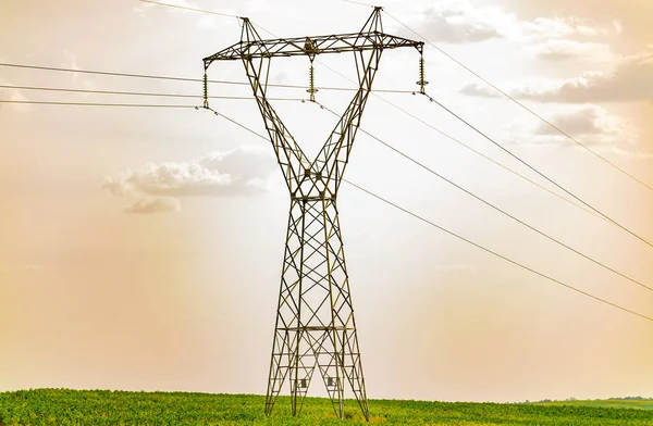 送電塔だ 電気ネットワークインフラ 送電塔とは 電気エネルギーを輸送する一連のケーブルを支える塔の形をした金属構造物である — ストック写真