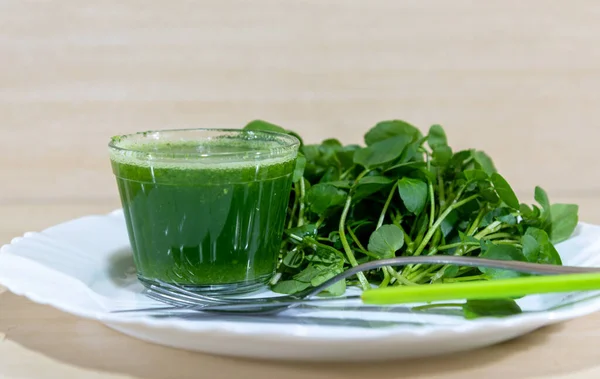 Su teresi suyu ve salata (Nasturtium officinale). Detoks içeceği ve salata. Antioksidan yeşillik. Doğal yiyecekler. Enerji içeceği. Yeşil meyve suyu. Diyet ve dengeli diyet. Salata malzemesi..