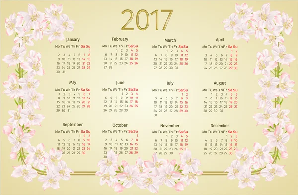 Calendario 2017 con flores de manzano vector vintage — Vector de stock