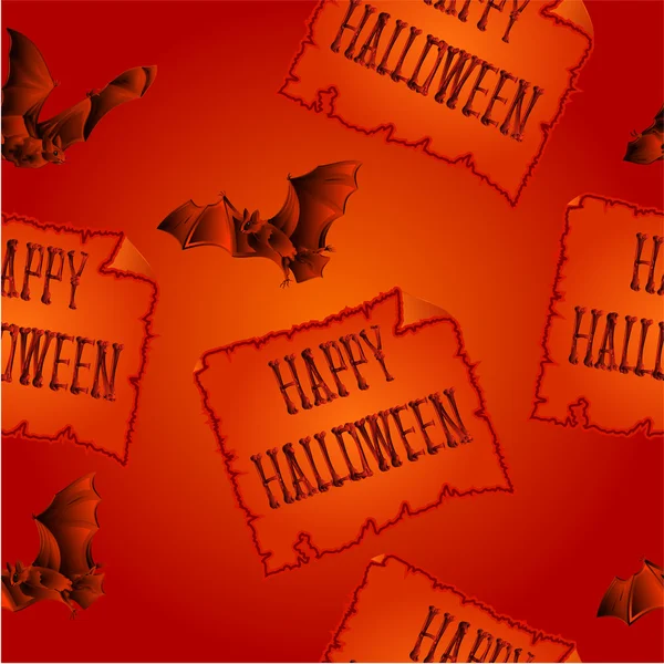 Textura sem costura inscrição Feliz Halloween e morcegos vetor — Vetor de Stock