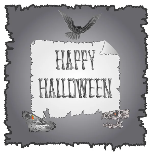 Fröhliche Halloween-Inschrift von Knochen und Schädeln und Eulenvektor — Stockvektor