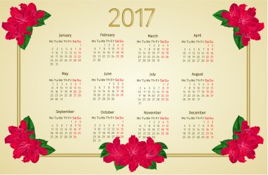 Takvim 2017 ile kırmızı ormangülü çiçek vintage vektör