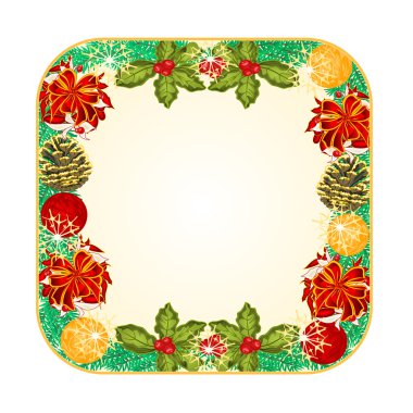 Düğme kare Noel kırmızı kurdele ve çam kozalakları vektör