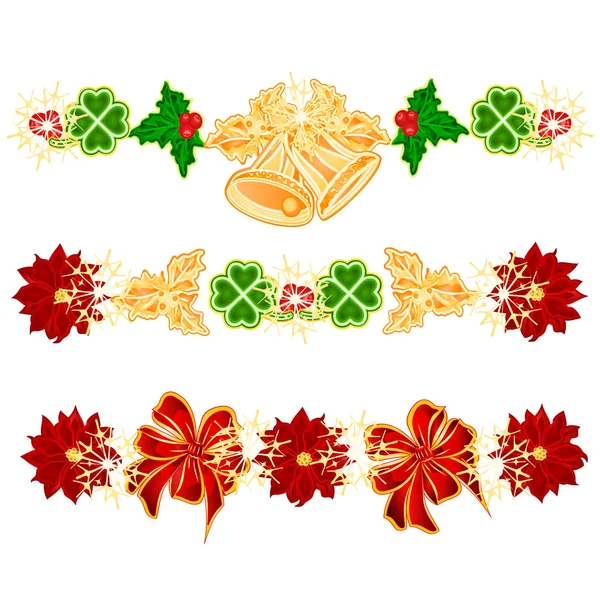 Guirnaldas de decoración de Navidad con campanas y tréboles de hojas conjunto de cuatro vectores — Vector de stock