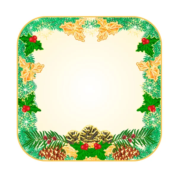 Bouton carré Noël avec des pommes de pin houx et if vecteur — Image vectorielle
