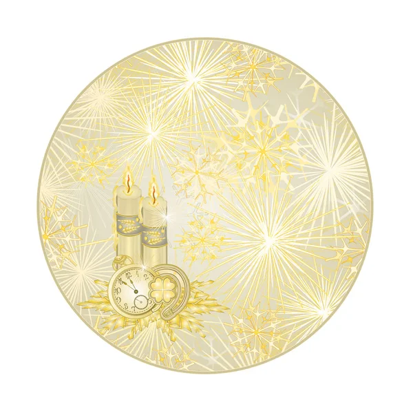 Botón círculo Año Nuevo fuegos artificiales y velas con relojes vector — Vector de stock