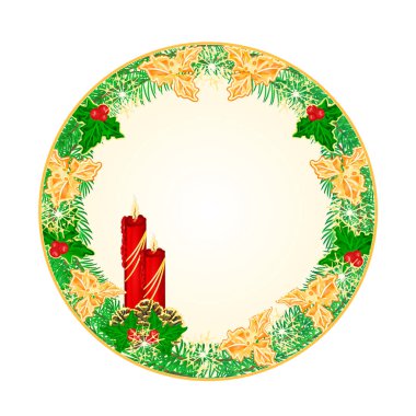 Düğme daire Noel kırmızı mum ve çam kozalakları vektör