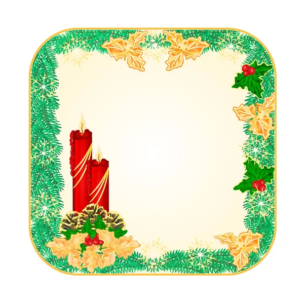 Botão quadrado Natal vermelho castiçal e pinheiro cones vetor — Vetor de Stock