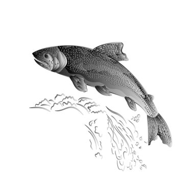 Trout jumps  in stream as wrought metal vintage vector clipart