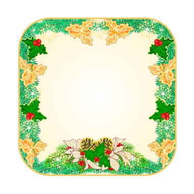 Düğme kare beyaz Noel Yılbaşı çiçeği ve holly ve çam kozalakları vektör