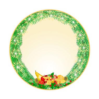 Düğme dairesel Noel Ladin meyve ve çam kozalakları ve holly vintage vektör çizim ile