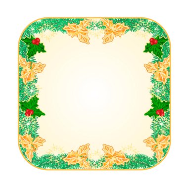 Düğme kare Noel Ladin ve altın ve yeşil holly vektör