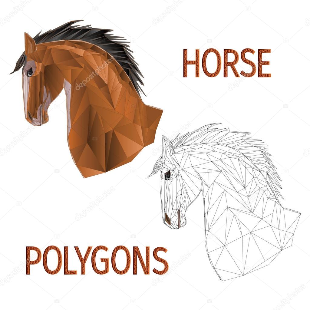 Brown horse head polygons coloured and outline vector