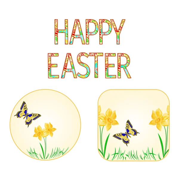 Botones Feliz Pascua primavera flores narciso con vector mariposa — Vector de stock