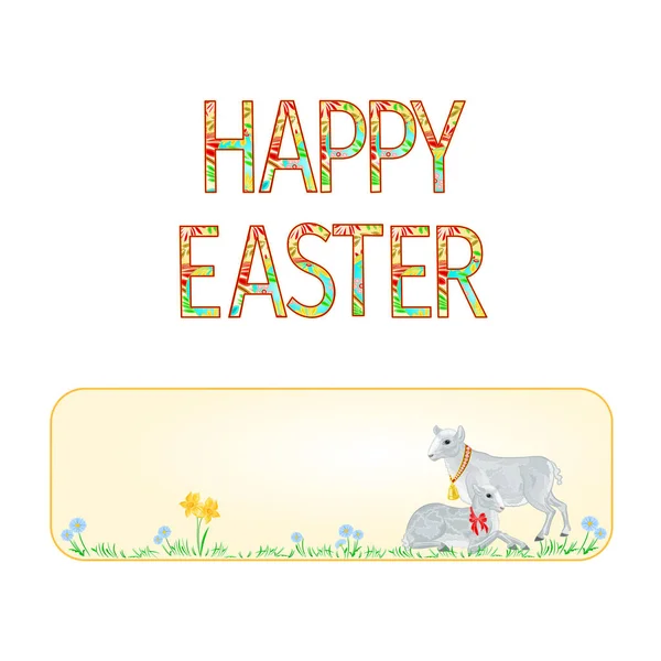 Banner Feliz Pascua cordero y oveja con flores de primavera vector — Vector de stock