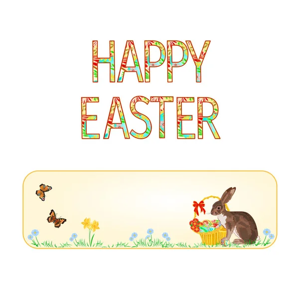 Banner Feliz cesta de mimbre de Pascua con huevos de Pascua con mariposas vector — Vector de stock