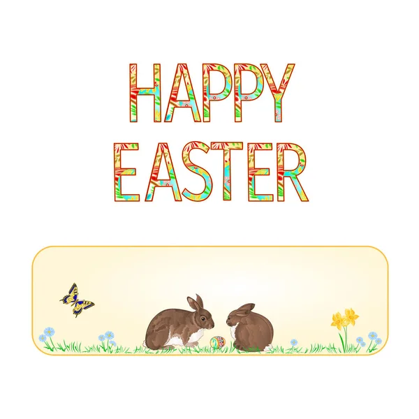 Banner feliz conejos de Pascua y huevo de Pascua con vector de mariposa — Vector de stock