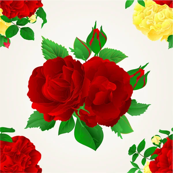 Бесшовная текстура Красно-фиолетовая и желтая роза с бутонами и листьями винтажного вектора — стоковый вектор
