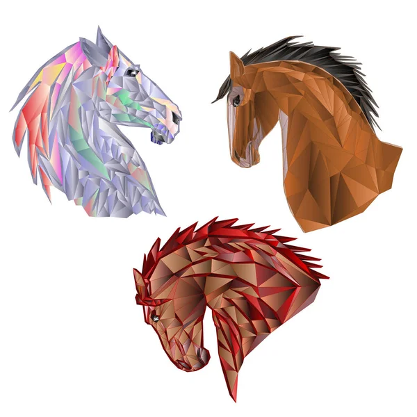 Atları kafaları çokgenler renkli ve anahat el çizmek vektör — Stok Vektör