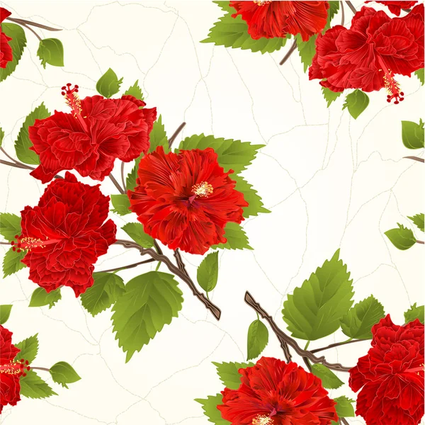 Seamless texture ramo rosso ibisco fiori tropicali crack vintage mano disegnare vettore — Vettoriale Stock