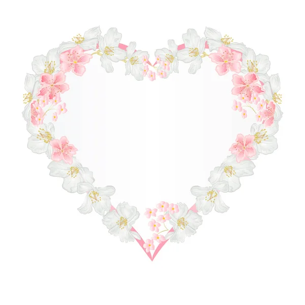 Corazón marco floral con Jasmine y sakura vintage festivo fondo vector ilustración editable — Archivo Imágenes Vectoriales